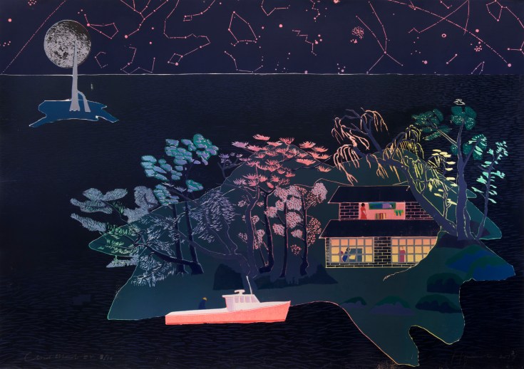 Tom Hammick, Cloud Island, 2017, reduction woodcut, ©Tom Hammick, Courtesy of Flowers Gallery London and New York, all rights reserved Bridgeman Images, 2017