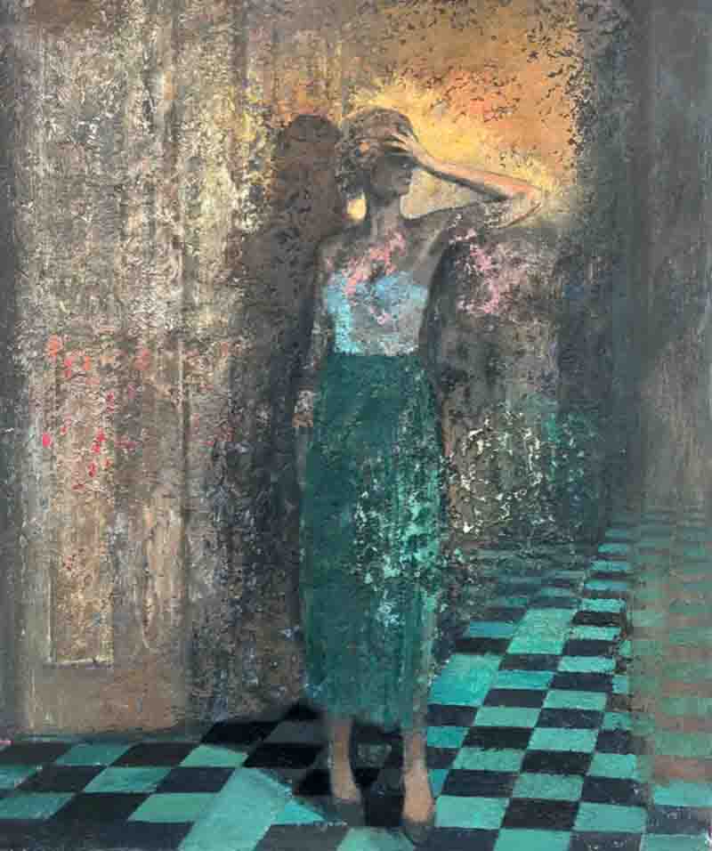 A surreal painting featuring a woman in a green skirt and light top standing in a dimly lit room, with her hand on her forehead as if in contemplation or distress, surrounded by shadowy figures and a checkered floor.