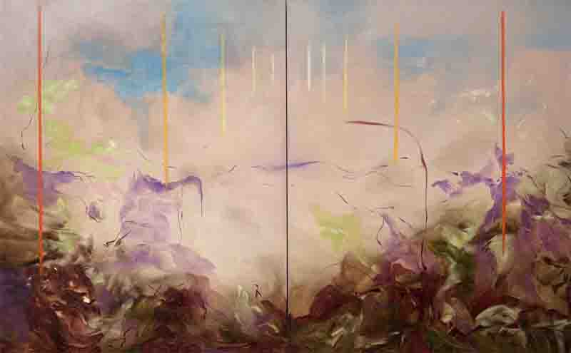 Abstract painting featuring a hazy landscape with soft colors, predominantly purple and green, intermixed with vertical lines in orange and yellow.