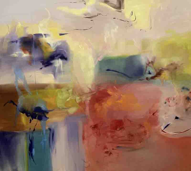 An abstract painting featuring a blend of soft colors including blue, yellow, orange, and pink, with fluid shapes and brushstrokes creating a dreamy effect.