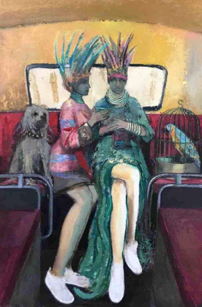 Two women in colorful outfits and elaborate headdresses sit close together on a bench, accompanied by a dog and a caged parrot, set against a warm-toned background.