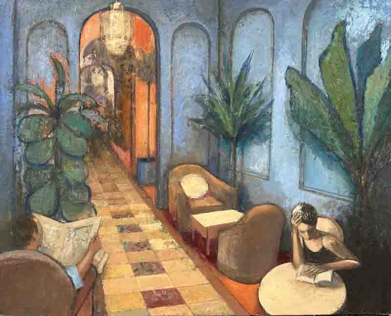 A serene interior scene featuring two individuals in a hallway surrounded by plants, with one person reading a book and the other looking at a map, all under soft lighting.