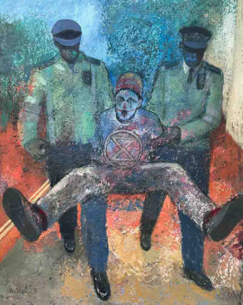 A stylized painting depicting two police officers in uniform carrying a person with a painted face, who appears to be restrained. The background features abstract colors, creating a dramatic atmosphere.
