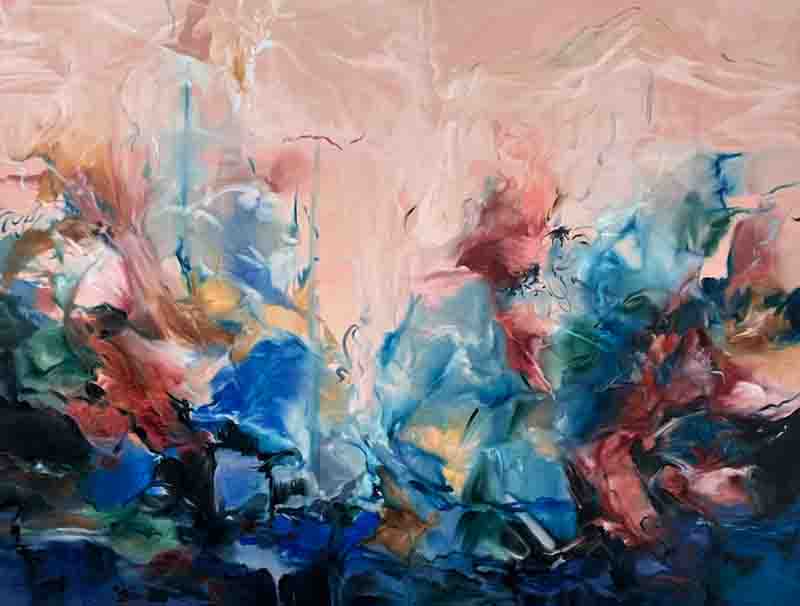 Abstract painting featuring swirling colors in blues, pinks, and hints of yellow, creating an atmospheric and vibrant composition.