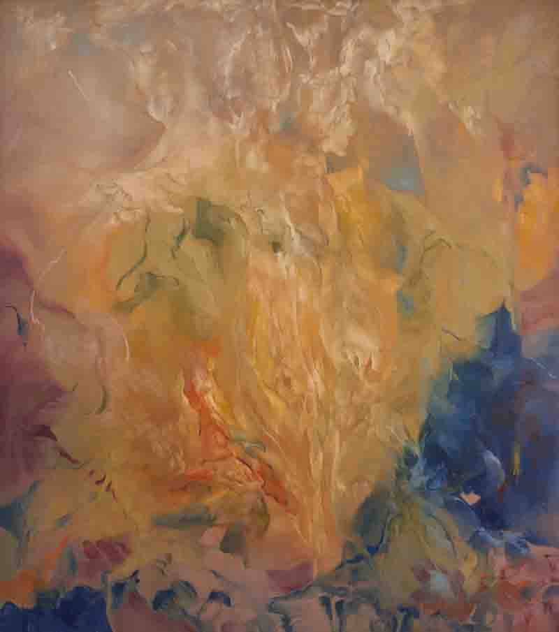 An abstract painting featuring warm hues of orange, yellow, and blue with fluid shapes and brush strokes.